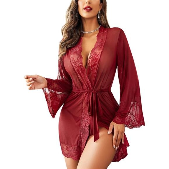 Women Lace Kimono Robe Sexy Lingerie Wine Red - Picture 2 of 4